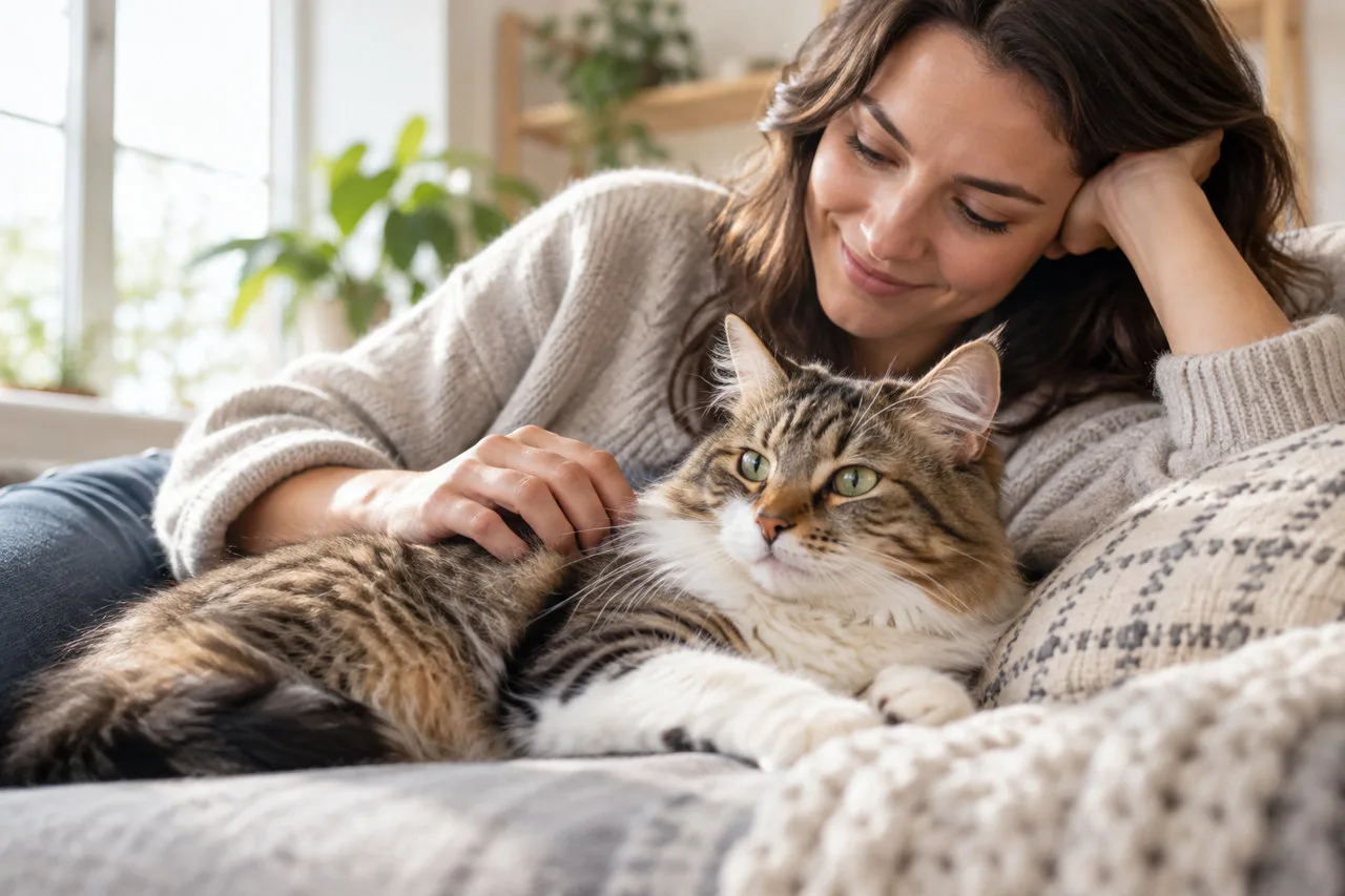 Owner resting at home beside a cat